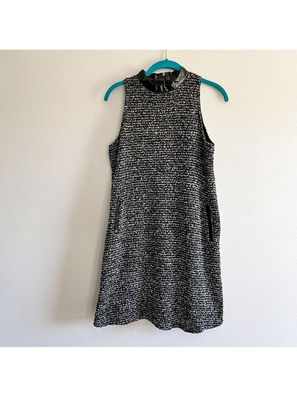 THML Black Tweed Knit Dress with Faux Leather Accents Small Sleeveless
